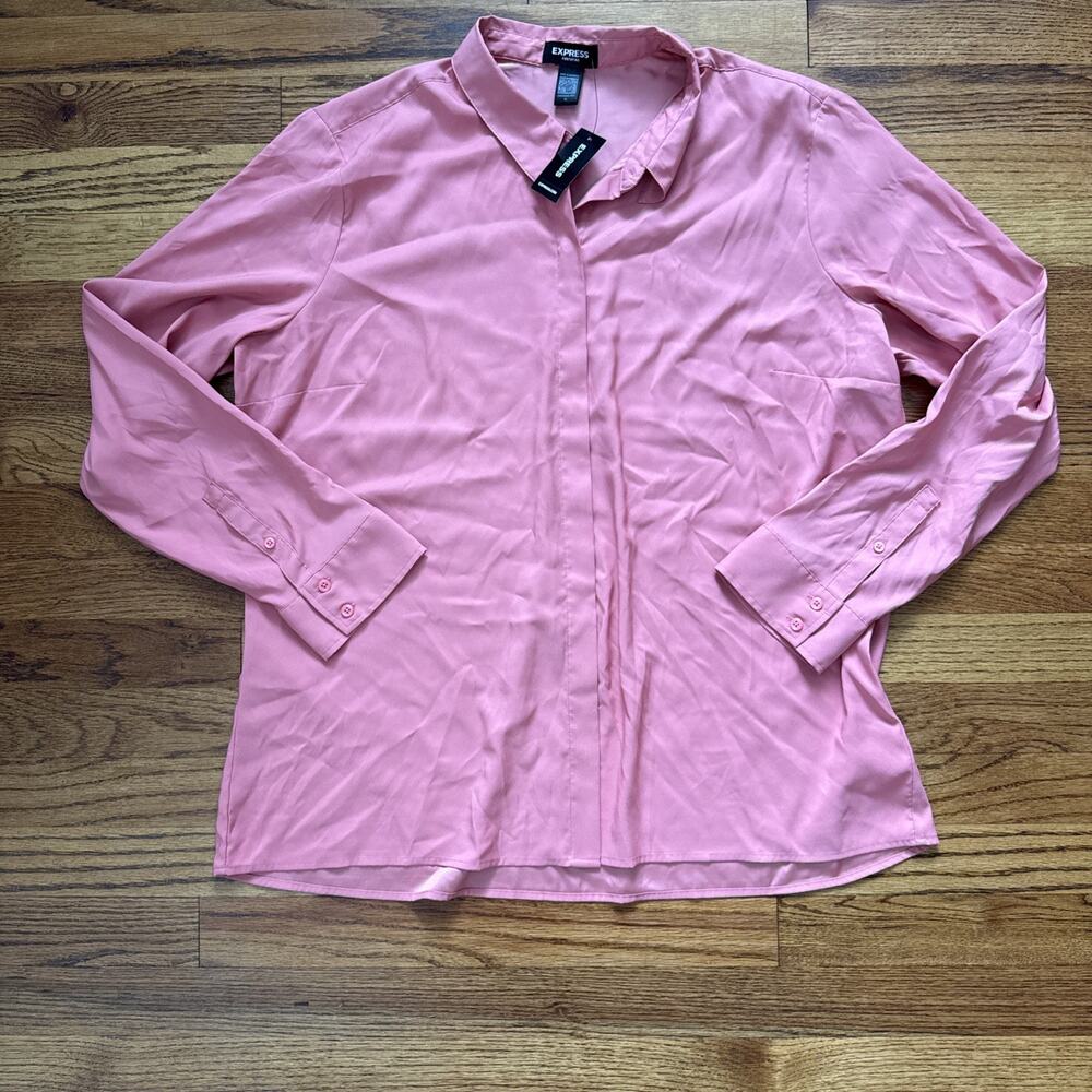Express Pink Long Sleeve Button Front Blouse